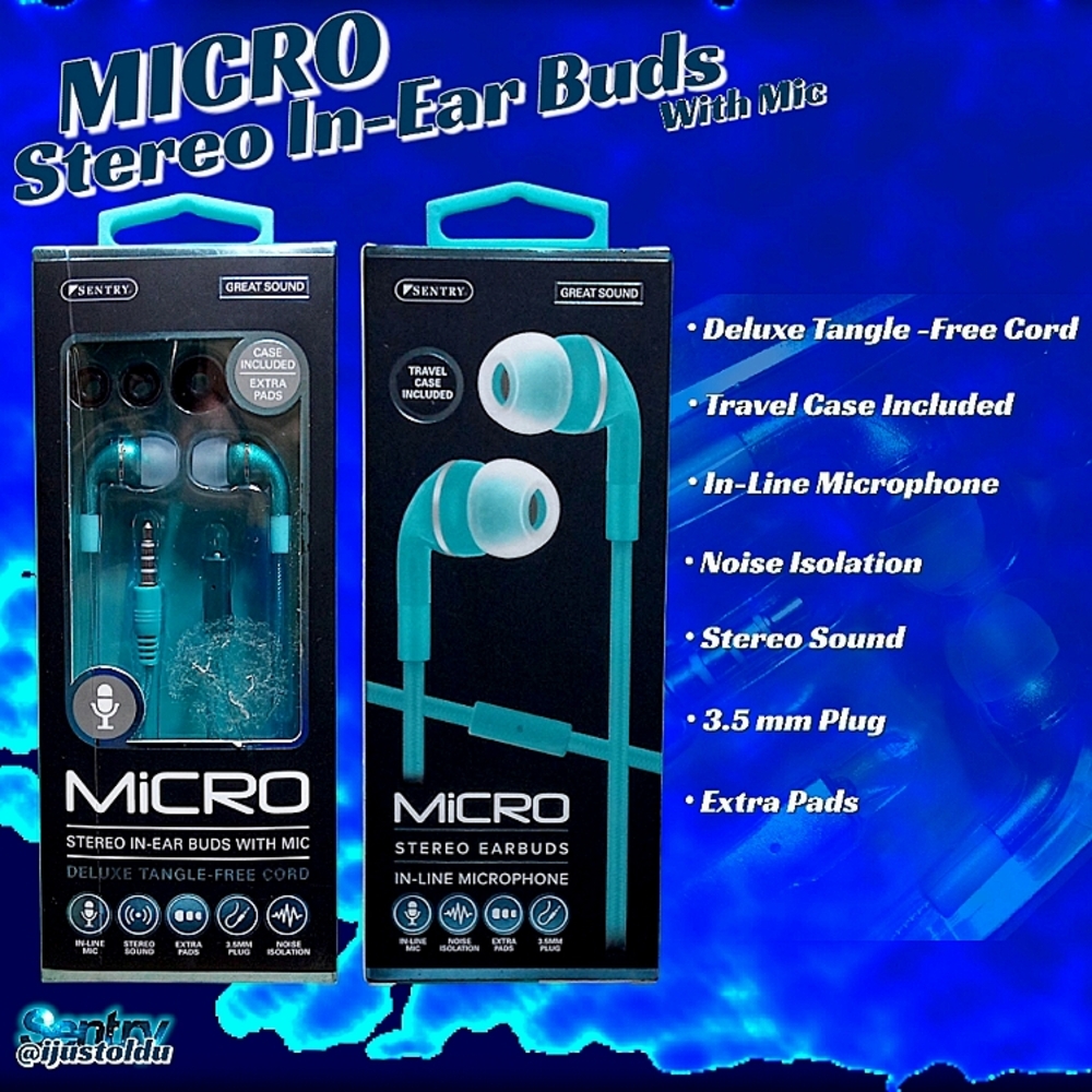 Sentry MICRO Stereo In-Ear Buds with Mic | Teal | Deluxe Tangle-Free Cord